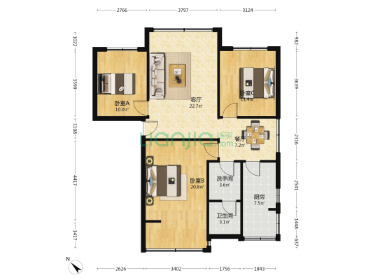 市面粉厂宿舍 3室2厅2卫 102平方