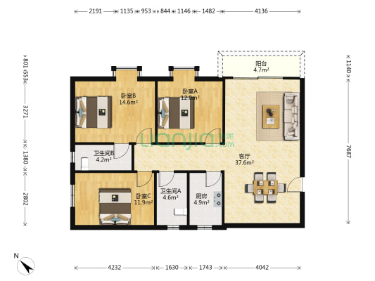 豪苑大厦 3室1厅2卫 100平方