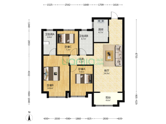 剑桥郡紫薇苑 3室1厅2卫 110平方
