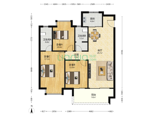 保利美的云筑 3室1厅2卫 117平方