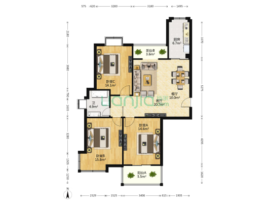 宏日阳光水岸南区 3室2厅1卫 128平方