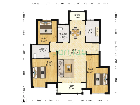 中海凤凰璟园一期 3室1厅2卫 125平方
