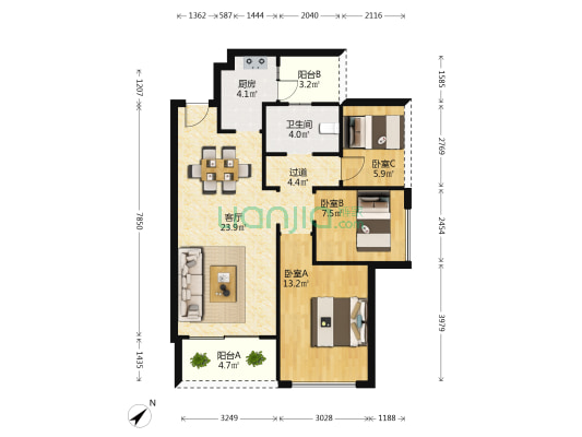保利阳光城三期 3室1厅1卫 85平方