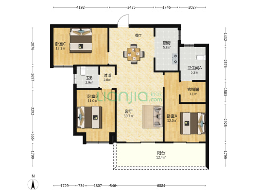 昆明融创文旅城瀚海花园北区 3室1厅2卫 124平方