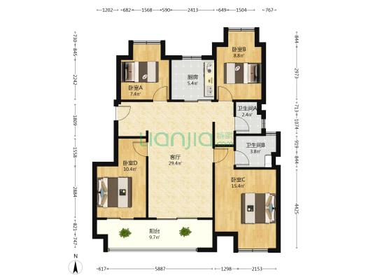 正荣青云宸院 4室1厅2卫 107平方