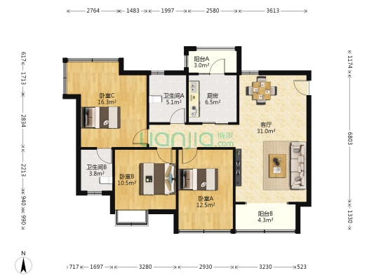凯鑫华府 3室1厅2卫 106平方