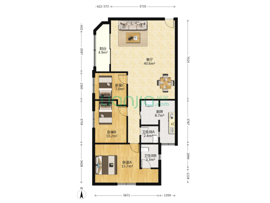 鹏都大厦 3室1厅2卫 119平方