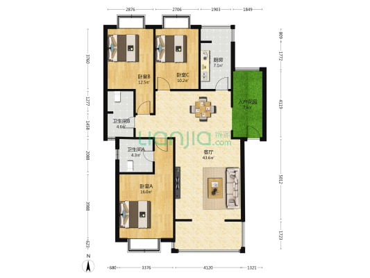 锦绣庭院 3室1厅2卫 122平方