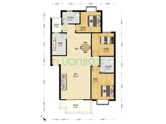 启明星花园 3室1厅2卫 131平方