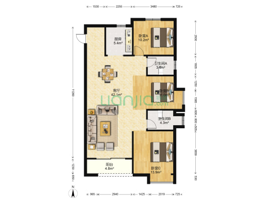 红星运河世家二期 3室1厅2卫 120平方