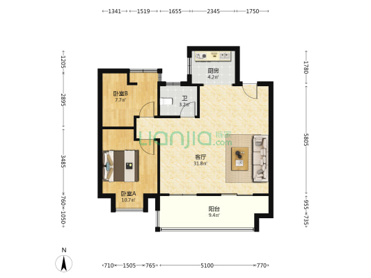 中梁力高云湖印 2室1厅1卫 88平方