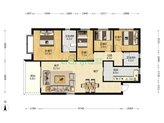 美的云璟 4室1厅2卫 118平方