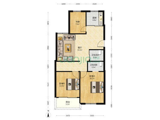 保利大楼 3室1厅2卫 108平方