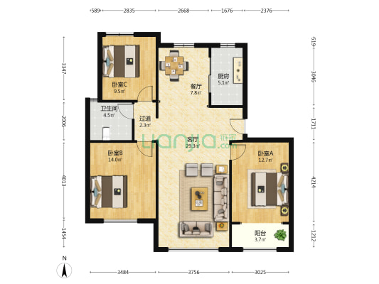 苏州花园 3室2厅1卫 117平方
