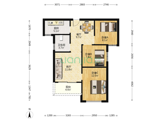 万华城珑府 3室2厅1卫 87平方