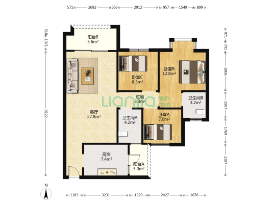 万泉阳光华庭 3室1厅2卫 96平方