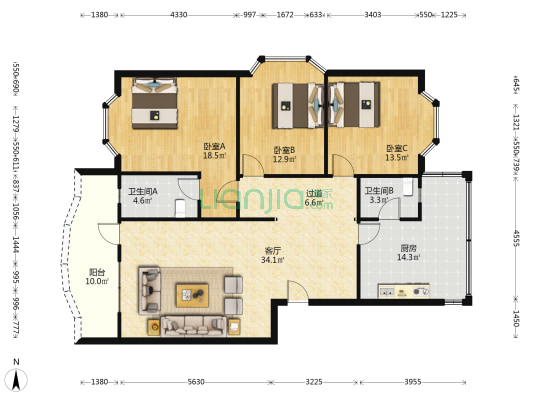 心怡苑 3室1厅2卫 131平方