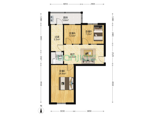 5中教职工宿舍 3室1厅1卫 68平方