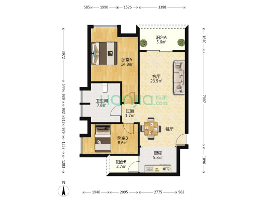 湾畔雅苑 2室1厅1卫 83平方