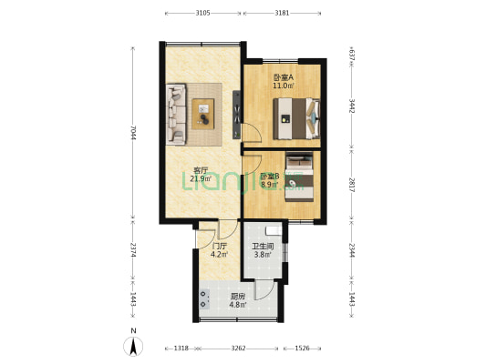 测绘院 2室1厅1卫 64平方