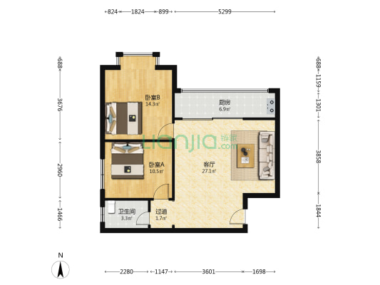 鑫元中公寓 2室1厅1卫 77平方