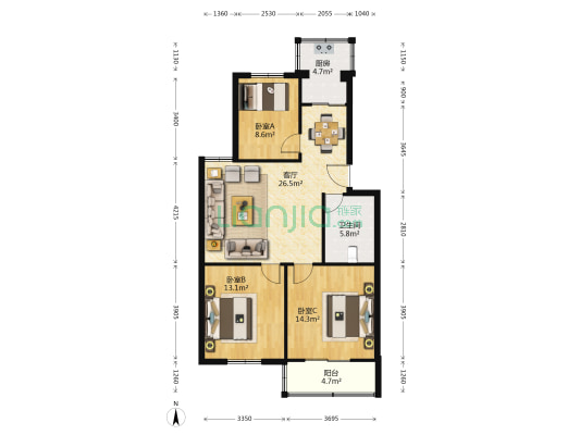 祥和花園 3室1厅1卫 96平方