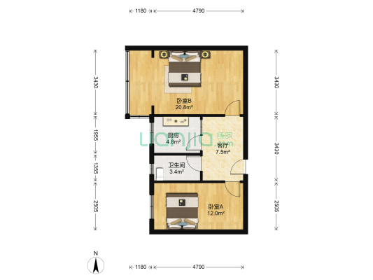 锅炉厂一号院 2室1厅1卫 54平方