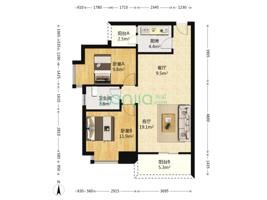 秋谷阳光里 2室2厅1卫 74平方