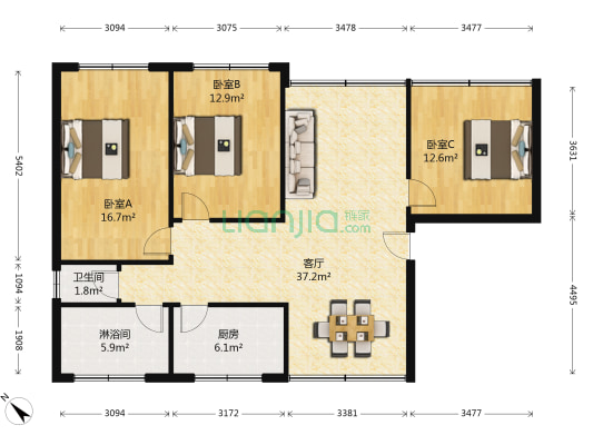 长沙路东二段84号 3室1厅2卫 120平方