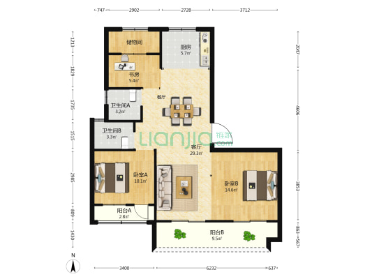瑞鸿华府 3室1厅2卫 105平方