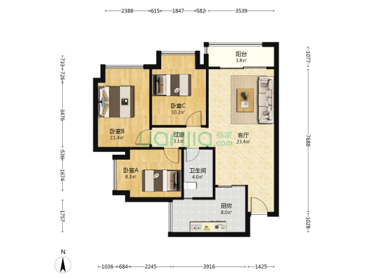佳乐云锦阁 3室1厅1卫 92平方
