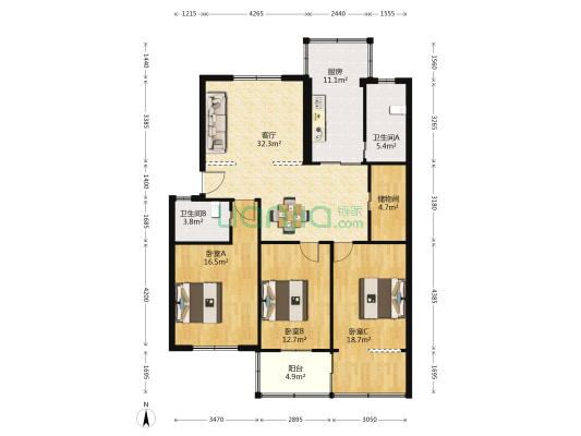 西河花园 3室1厅2卫 113平方