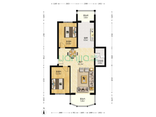 双惠苑2号院 2室1厅1卫 94平方