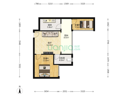 花果园L2区 2室1厅1卫 49平方