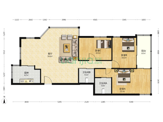 东门大厦 3室1厅2卫 165平方