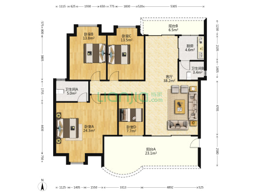 银星花园 4室1厅2卫 164平方