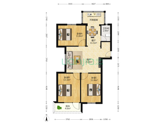 轮船宿舍 3室2厅1卫 86平方