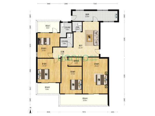 东方文化园步行街 4室1厅3卫 152平方