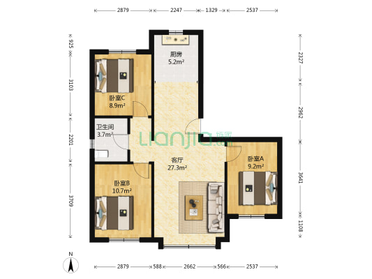 首创光和城四期 3室1厅1卫 95平方