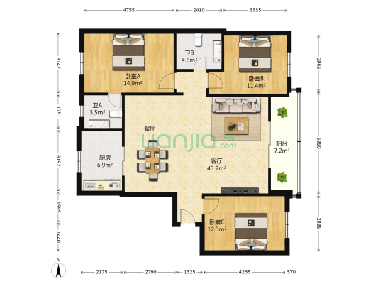 禾祥花园 3室1厅2卫 128平方