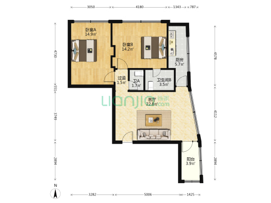 景贤路 2室1厅2卫 87平方