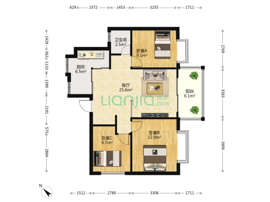 亲水湾小区 3室1厅1卫 91平方
