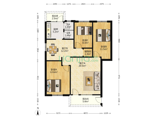 塘中路 3室2厅2卫 105平方