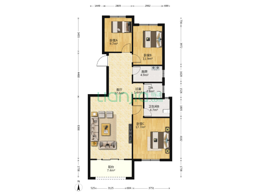正商林语溪岸6号院 3室1厅2卫 121平方