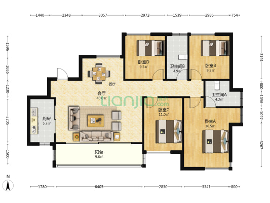 远洋天赋 4室1厅2卫 131平方
