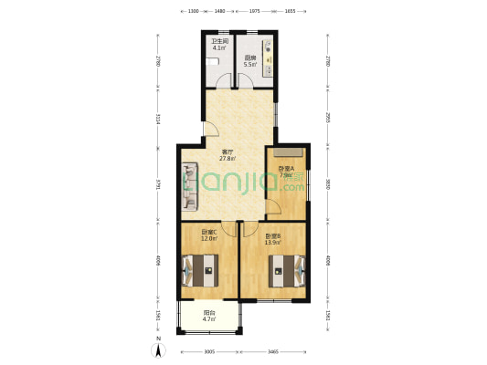 八里岗小区 3室1厅1卫 96平方