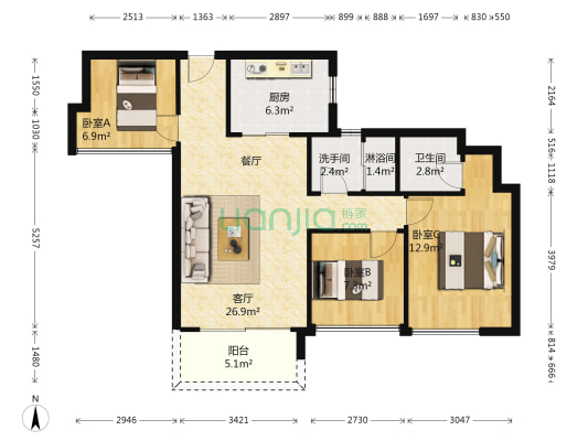 金洲豪苑 3室1厅3卫 99平方