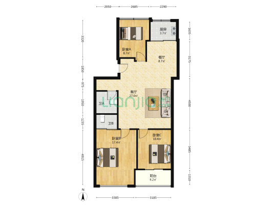 花园小区 3室2厅2卫 120平方