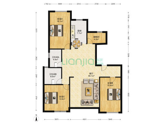 中锐尚城国际 3室1厅2卫 136平方