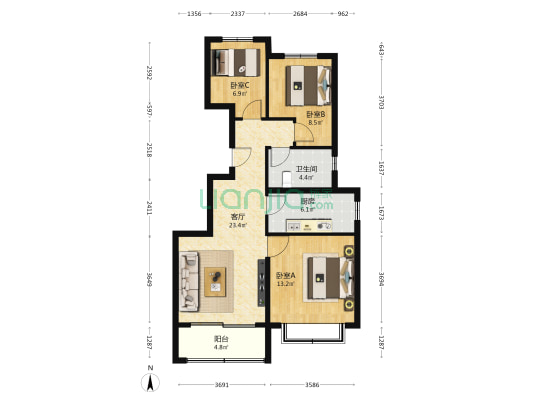 恒大上和府1号院 3室1厅1卫 102平方